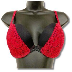 LA SENZA Red black floral lace 34DD underwire bra w/ rhinestone embellishments